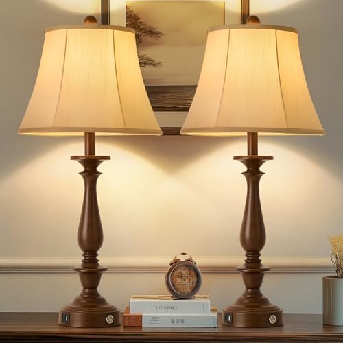 AIDENOEY 28.5" Traditional Table Lamp Set of 2, Rustic Farmhouse Table Lamps for Living Room Bedroom, Bedside Desk Lamps Vintage Nightstand Lamps with Silk Fabric Shades, Antique Walnut