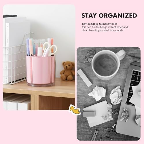 Comix 360° Rotating Pen Holder for Desk, Pink Pencil Holder with 5 Slots
