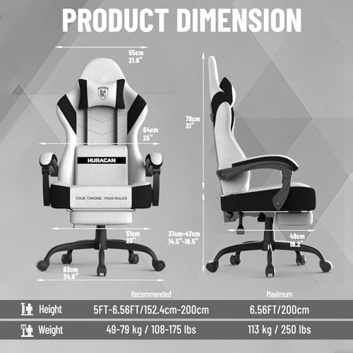 Ferghana Cotton Fabric Gaming Chair - Wider Seat Cushion, Shield-Shaped Embroidery, Ergonomic High Back with Footrest, Computer Gamer Chair for Adults Featuring Massage Lumbar Support, White