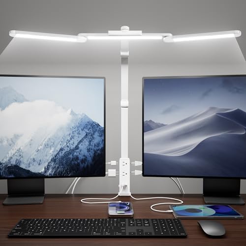 SUPERDANNY LED Desk Lamp Computer Light with Power Strip with Clamp White