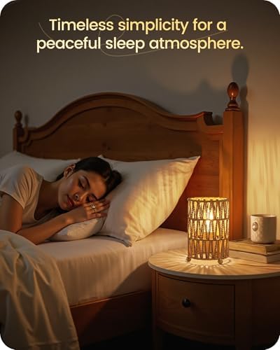 Small Boho Table Lamps Set of 2, Boho Rattan-Style Bedside Lamps