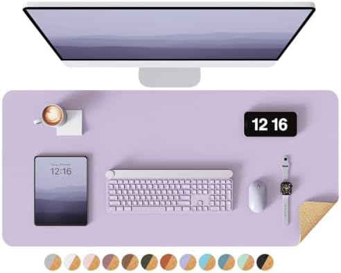 YSAGi Double-Sided Desk Pad, 35.4"x17"Leather Desk Mat, Eco Cork Desk Pad Protector,Large Mouse Pad,Waterproof Desk Blotter for Office/Home(Light Purple)