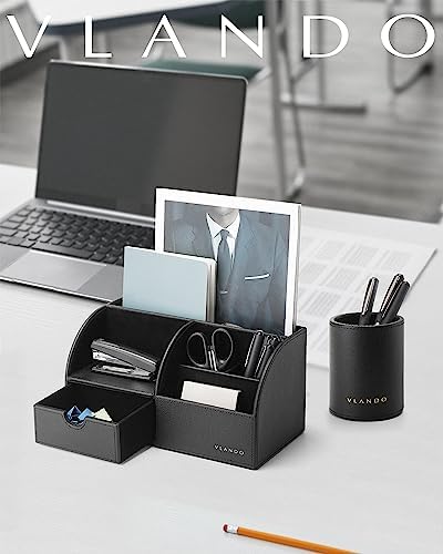 VLANDO 2 Pcs PU Leather Desk Caddy Set with Drawer,Pen Holder