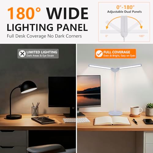 G Keni LED Desk Lamp, 2400 Lux Bright Desk Lamp for Home Office, Dual Head Adjustable Desk Lamp with 5 Color Modes, Stepless Dimming, 360° Gooseneck, Auto Timer, Eye Caring Task Light
