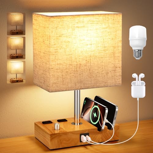 Wood Grain Table Lamp for Bedroom, Stepless Dimmable, USB C+A, 2 AC Outlets
