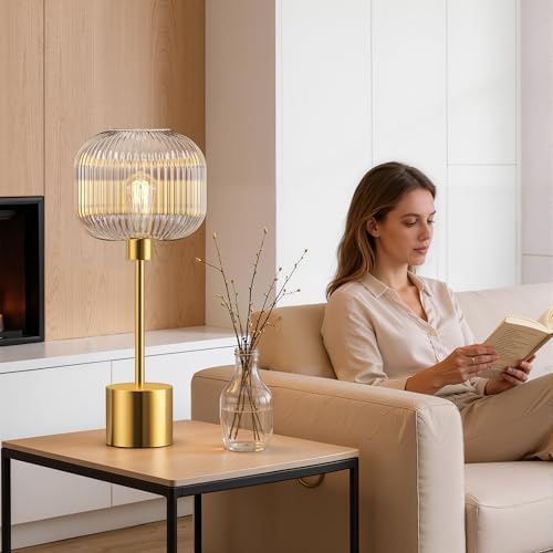 Glass Table Lamp for Living Room, Modern Gold Clear Bedroom Bedside Lamp