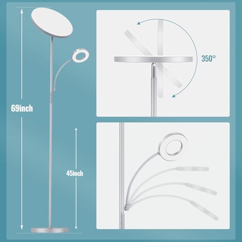 marctronic Silver Gray Floor Lamp, 42W 4000LM Super Bright LED Lamp with Reading Light for Living Room Bedroom Office, Dimmable Standing Lamp with Remote & Touch Control