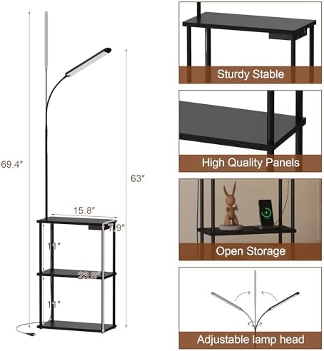 Qupui LED Floor Lamp with Table, 15W Dimmable, USB Charging, Black