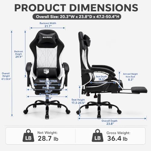 Mid Back Gaming Chair with Footrest, 90°-135° Reclining Computer Chair with Headrest and Lumbar Pillow, Linked Armrests, Height Adjustable 360° Swivel Rolling Office Chair (Black-N)