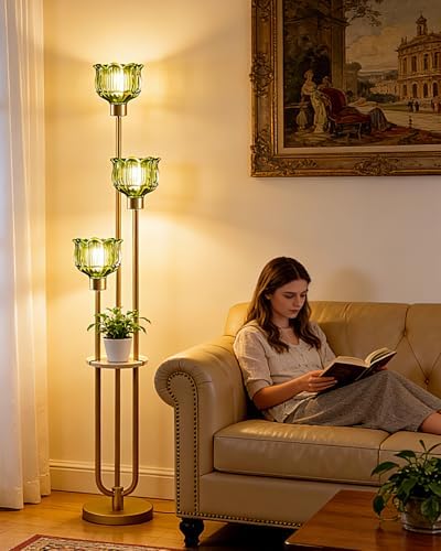 Lightdot Flower Glass Floor Lamp with Shelf Green Floral Gold Floor Lamps