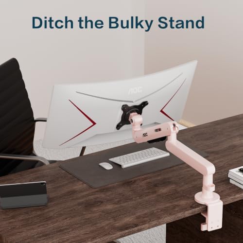 AOC 406PLUS Premium Aluminum Single Monitor Arm, Fits 13–34 Inch and 19.84 lbs, Mechanical Spring Desk Mount,C-Clamp,Low-Profile Gaming Bracket Enables Screen to Sit Close to Desktop (Pink)
