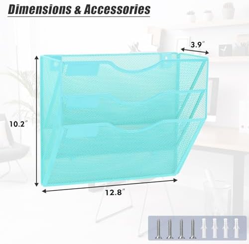EASEPRES 3 Pocket Mesh Hanging Wall File Organizer, Wall Mounted Mail Paper Document Folder Holder, Clipboard Storage Organization Magazine Rack with Nametag Label for Office Home School, Blue