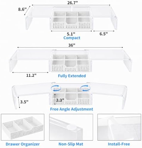 OPNICE Clear Acrylic Desk Organizers and Accessories, Dual Monitor Stand Riser with Drawer and 2 Pen Holders, Desk Shelf Printer Stand for Office Workspace Organizers, Desktop Organization (Transparent)