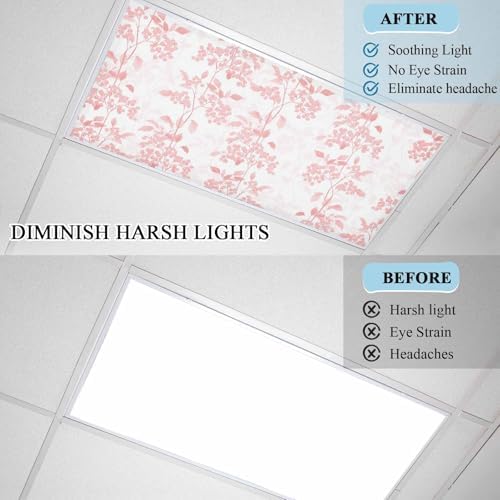 Pink Flower Leaves Magnetic Fluorescent Light Covers for Ceiling Lights 2 x 4 Feet,Grey Modern Pastel White Floral Spring Summer Office Classroom Kitchen Drop Ceiling Light Filter Covers 1 Pack