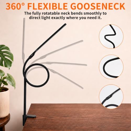 Long Gooseneck LED Clamp Desk Lamp, Eye-Caring Reading Light