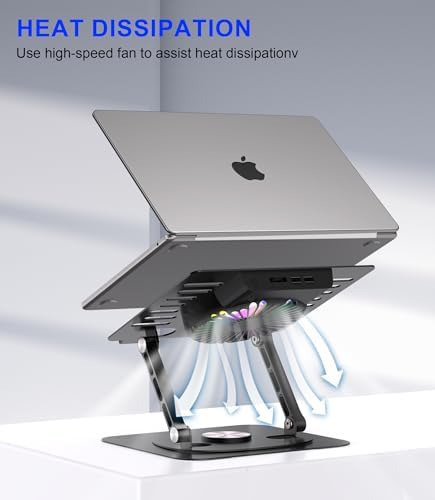 Laptop Stand,with 360°Rotating Base,External Cooling Fan,Adjustable RGB Lighting,Ergonomic Foldable Notebook Computer Holder.Compatible with All 10-17" Laptops Tablets,Black, E0B22-01