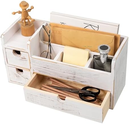 White Wooden Desktop Organizer 3 Removable Drawers Office Supplies Wood Storage Caddy Box Stationery Pencil Multiple Cabinet Slots Mail Holder Note Pads Accessories Home Makeup Tools Cosmetics