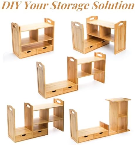 Eorbow Bamboo Desktop Bookshelf, Expandable Counter Bookcase, Storage Shelves Rack Organizer with Anti-Slip Pads, Cute Small Desk Display Cubby Top for Office Supplies, No Assembly Needed