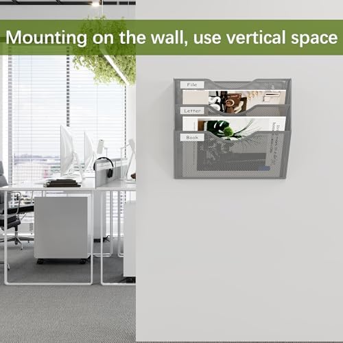 EasyPAG 3 Pocket Mesh Wall File Organizer, Hanging Paper Folder Holder with Classify Label, Vertical Wall Mount Mail Organizer for Office Home Classroom, Silver