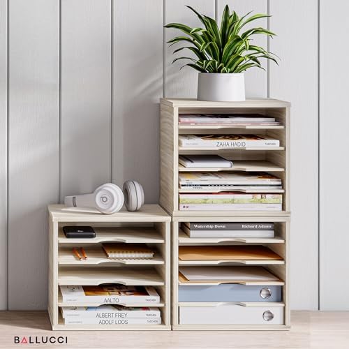 Ballucci 5-Tier File Organizer for Desk, Mail Sorter, Office Desk Organization, Paper Storage Organizers, Folder Holder for Desk, Letter Trays & Stacking Supports, Brushed Wood