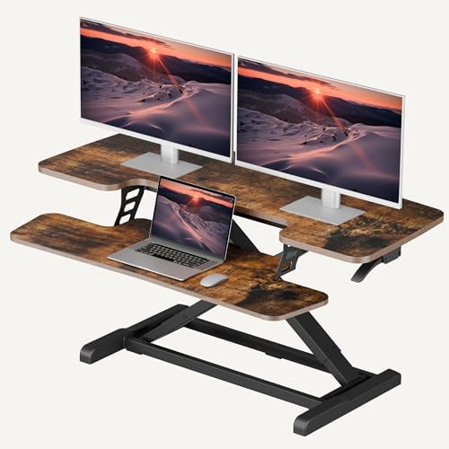 SANODESK 40" Standing Desk Converter, Effortless Lift Sit-Stand Desk Riser for Dual Monitors, Large Ergonomic Computer Workstation Tabletop, Rustic Brown