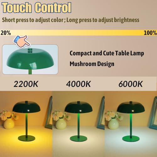 Cordless LED Mushroom Table Lamp, 5200mAh Battery, Dimmable 3 Color, Green