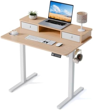 35" x 24" Electric Standing Desk with Dual Drawers, Light Walnut