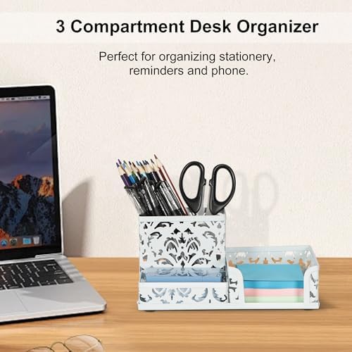EasyPAG Desk Organizer with 3 Compartment for Pencil Sticky Note Holder and Office Accessories,White