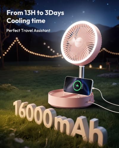 Gaiatop Portable Pedestal Fan 16000mAh Battery [Max 74h Runtime], Foldable Oscillating Standing Fan, Collapsible Desk Fans, LED Light, Case & Remote Control, 4 Speeds for Outdoor Travel Camping (Pink)
