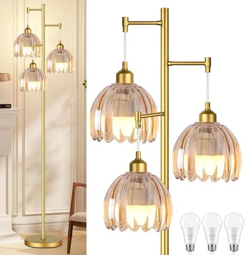 Gold Floor Lamps for Living Room Vintage Floor Lamp with Glass Lmapshape & Three Led Bulb,Green Floor Lamp Brass Mid Century Modern Standing Lamp Tall Tree Flower Floor Lamps for Bedroom,Office,Corner