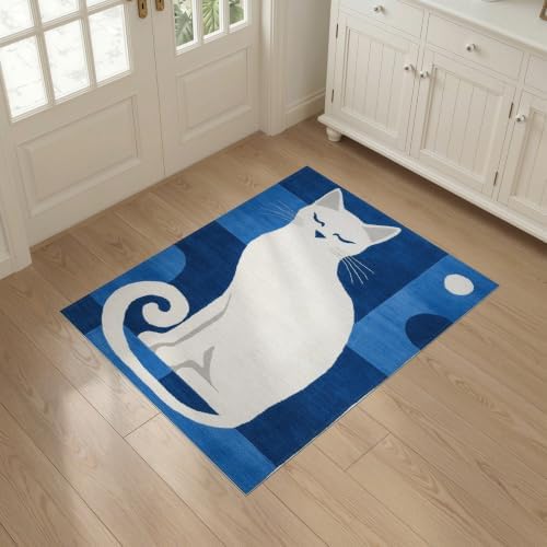 3'x5' Blue White Cat Sapphire Design Washable Area Rug