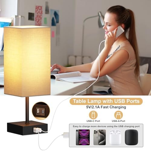 Bedside Table Lamp for Bedroom with 2 USB Ports, 14-Inch, Beige