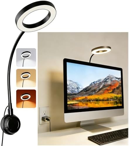 Suction Cup LED Desk Lamp for Computer Monitor, 3 Modes 10 Brightness, 7W USB Adapter, Flexible Gooseneck Ring Light for Desk, Fill Light, Office Home, Bedside, Reading, Study, Workbench, Black