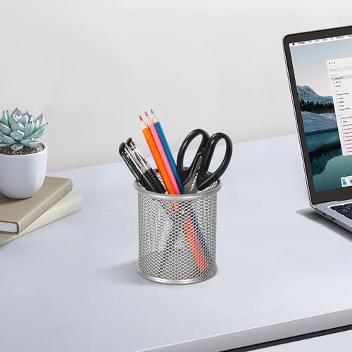 EasyPAG Pencil Holder for Desk, 2 Pack Metal Pen Organizer, Mesh Pencil Cup Organizer for Home, Office, Classroom, School, Silver