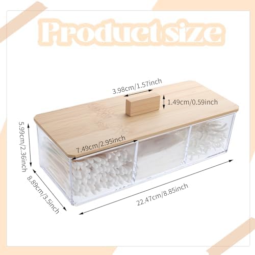 Wood Qtip Holder 3 Compartments Cotton Ball and Swab Holder Organizer with Lid,Jar for Cotton Rounds,Bathroom Containers,Clear Acrylic Desk Organizer for Makeup Pads,Cosmetics Bedroom