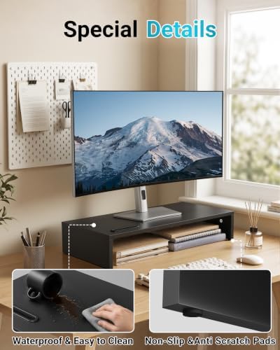 1home Ergonomic Monitor Stand Riser, 21.3 Inch Wood Desktop Stand with Cellphone Holder and Cable Management, Black