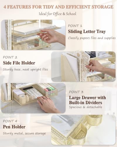 WALI Desk File Organizer, 4 Tier Desktop Paper Letter Tray Organizer with Drawer and 2 Pen Holders, Office Desk Accessories & Workspace Organizers for Office, Home, School Supplies, 1 Pack, Gold