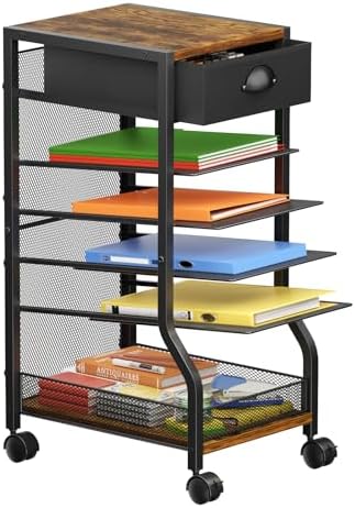 keomaisyto 6-Tier Rolling File Cart with Drawer, Under Desk Storage with Paper Letter Sliding Trays, Standing File Organizer with Wheels, Slim Workspace Organizers for Office/Home/School/Study