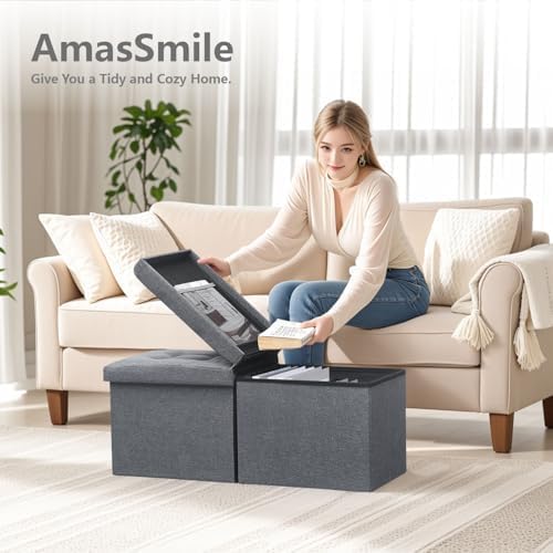 AmasSmile Footrest Ottoman Storage Bench, 34" Linen Folding Chest, Gray