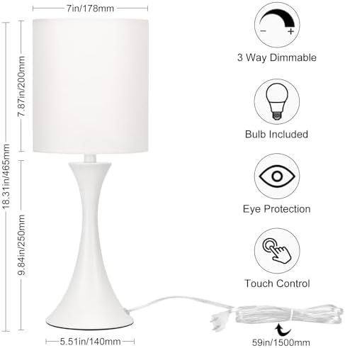 Modern Table Lamps, 3 Way Touch Control Table Lamp, Dimmable Desk Lamp, White Nightstand Lamp with Fabric Shade, Small Bedside Lamp for Living Room, Dorm,Home Office, LED Bulb Included