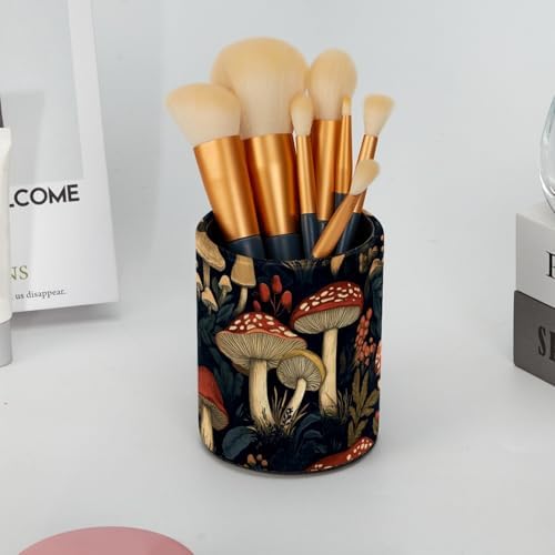 Leather Pen Holder for Desk, Vintage Mushroom Pencil Cup Pen Organizer Makeup Brush Holder for Office Home Kids Countertop Desk Accessory Storage