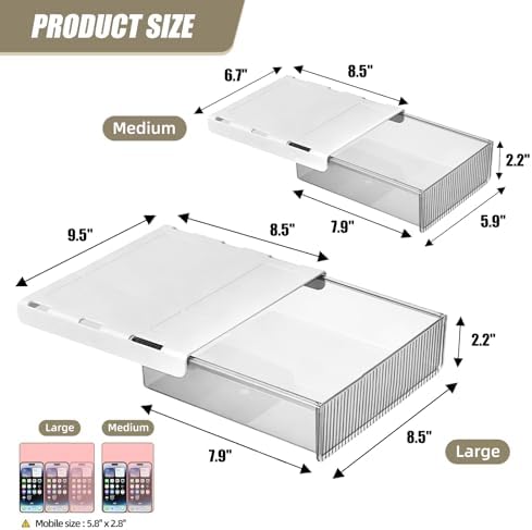 2Pcs Under Desk Storage Drawers Slide Out,Large&Medium,Stick On Drawers,Under Desk Organizer Hidden Under Table Drawer for Home Office School Organization and Storage-Clear White