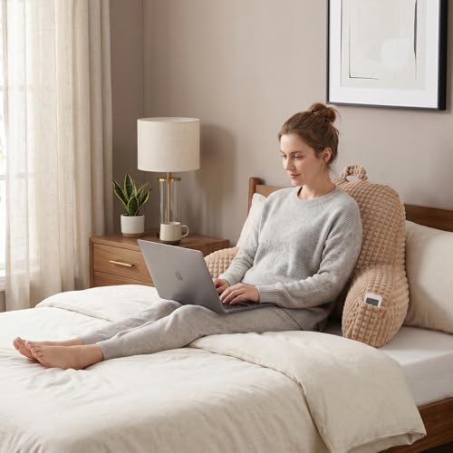 Reading Pillow with Arms for Sitting in Bed,Backrest,Khaki Flannel,M