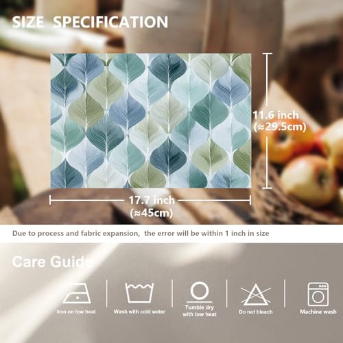 Mid Century Abstract Autumn Shapes Modern Pattern Linen Placemats, Leaf Green and Blue Repeating Table Mats for Table Washable Heat Insulation Thick Dining Mat, Indoor/Outdoor 12X18 in 4 Pcs