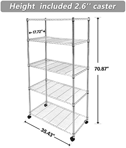 HealSmart Heavy Duty 5-Shelf Storage Shelves, 1750Lb Loading Capacity, 35.43" W x 17.72" D x 70.87" H Adjustable Shelving Unit with Wheels, Chrome