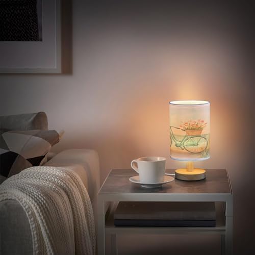 Bedside Lamp Bike Bicycle Flower Coast Table Lamp for Bedroom LED Nightstand Lamp Shade USB Ports Wood Base for Living Room Dorm Office