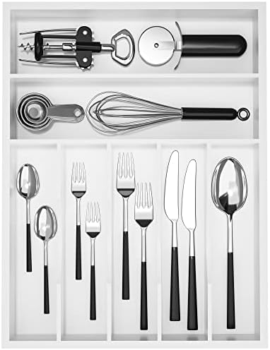 Utensil Organizer Silverware Drawer Organizer - 7 Slots Bamboo Cutlery Organizer Multi-Purpose Silverware Divider for Kitchen Flatware, Hair Accessories, Repair Tools, Art Set W13”x L17” (White)