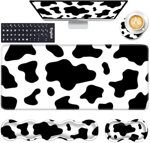 Keyboard Wrist Rest and Mouse Pad with Wrist Support Set Ergonomic Coaster,Memory Foam,Easy Typing Pain Relief,Large XL Desk Mat 31.5"x 11.8",Cow Print