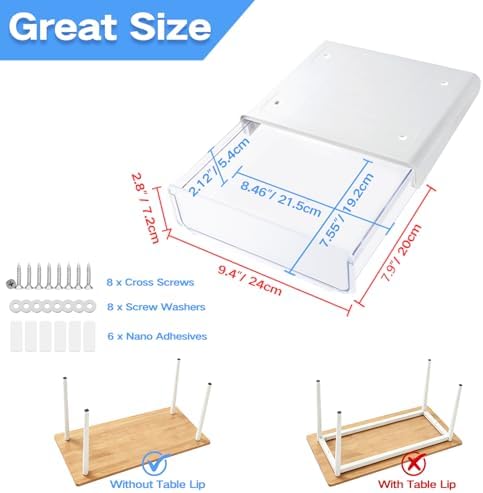 OSPNIEEK Self-adhesive Under Desk Drawer Organizer, 2 Pack Table Hidden Slide Out Large Storage Mounted Desktop Pencil Holder Tray Drawers for Office Home School Stationery Kitchen (Large, White)