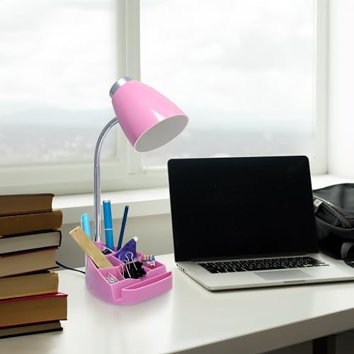 Simple Designs LD1067-PNK Compartmental Desk Lamp with iPhone/iPad/Tablet Stand, Bendable Gooseneck, for Office, Living Room, Nightstand, Library, Entryway, Pink